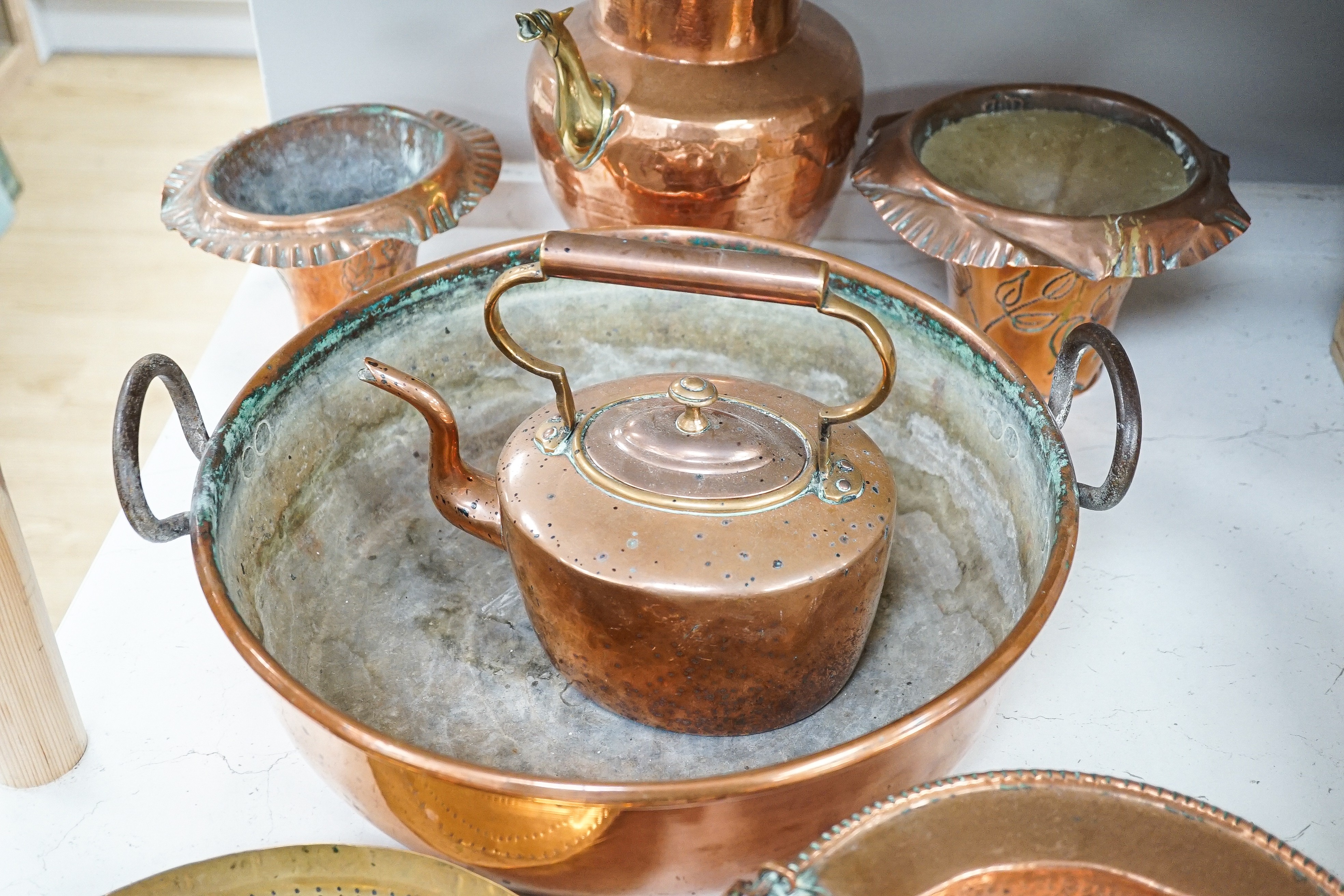 Mixed copper wares including teapot, preserve pan etc.